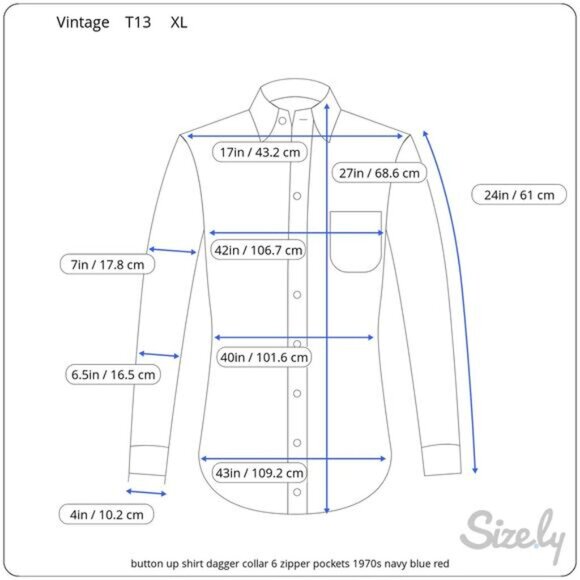 button up shirt dagger collar 6 zipper pockets 1970s navy blue red - Picture 2 of 11